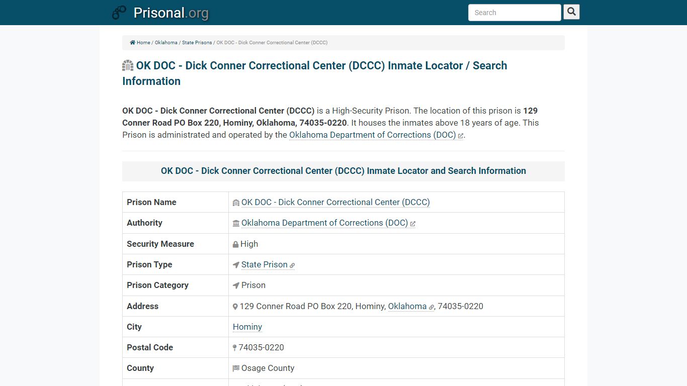 OK DOC - Dick Conner Correctional Center (DCCC)-Inmate ...